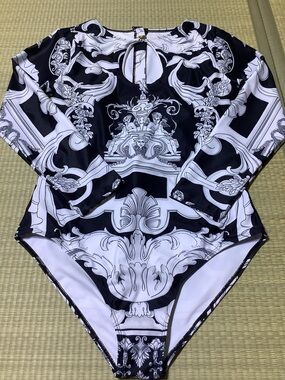 Black & White Baroque One-Piece Swimsuit Bodysuit- Long Sleeve
